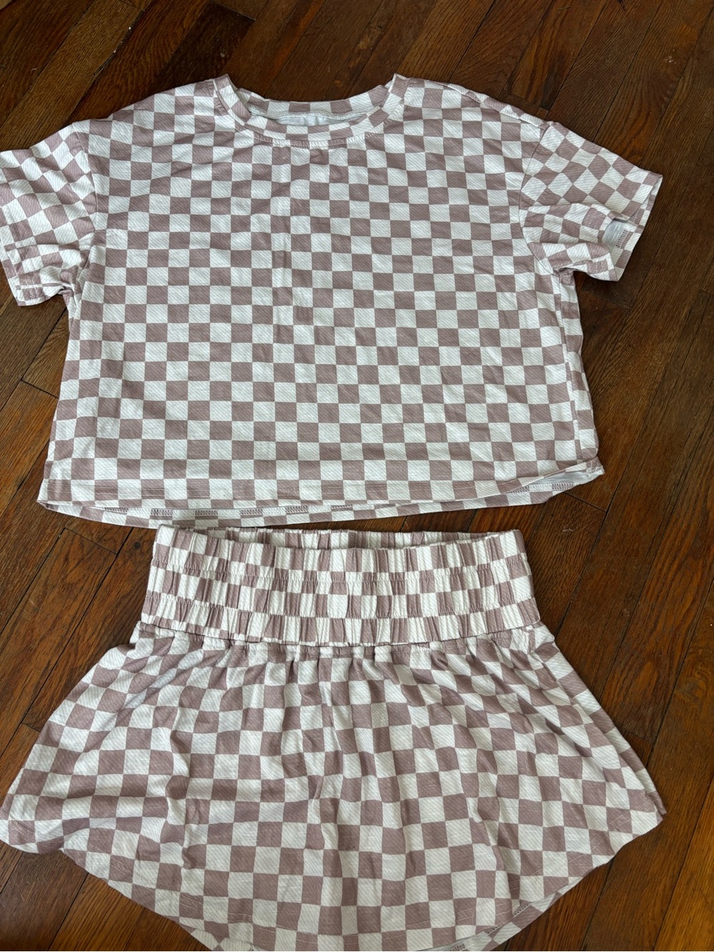Checkerboard Two-Piece Skort Lounge Set in Light Taupe and White